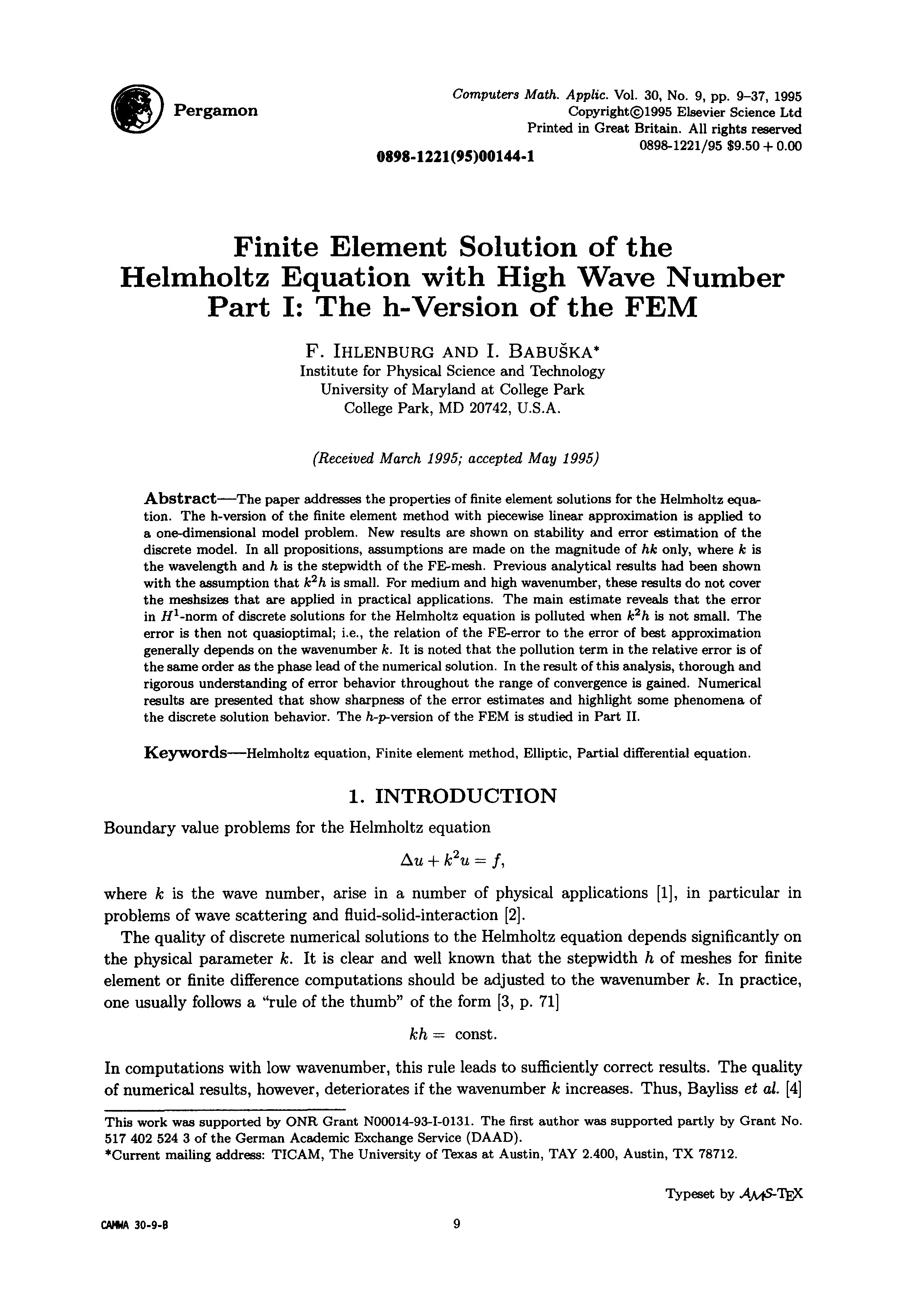 Thumbnail for Finite Element Solution of the Helmholtz Equation with High Wave Number Part I: The h-Version of the FEM